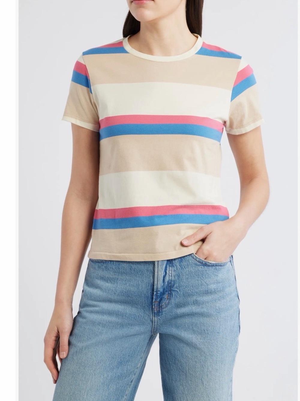 THE GREAT. Striped Crewneck Tee in Beige, Pink & Blue